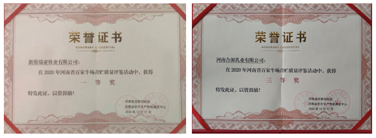 榮譽(yù) | “百家牛場青貯質(zhì)量評鑒活動”花花牛新蔡瑞亞牧業(yè)、河南合源乳業(yè)分別榮獲一、三等獎